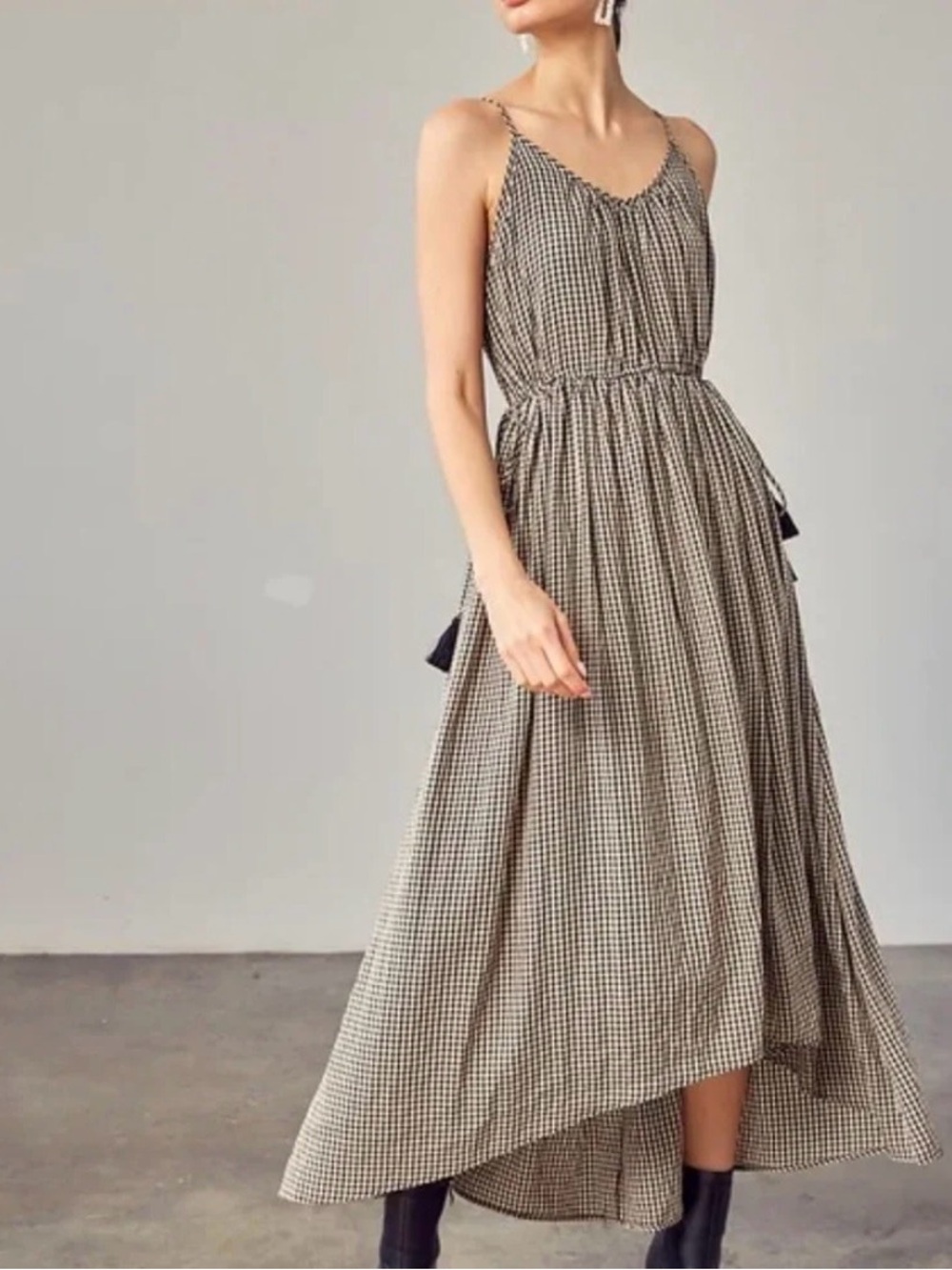 Mustard Seed high low Gingham Spaghetti Strap Maxi Dress - Black and White